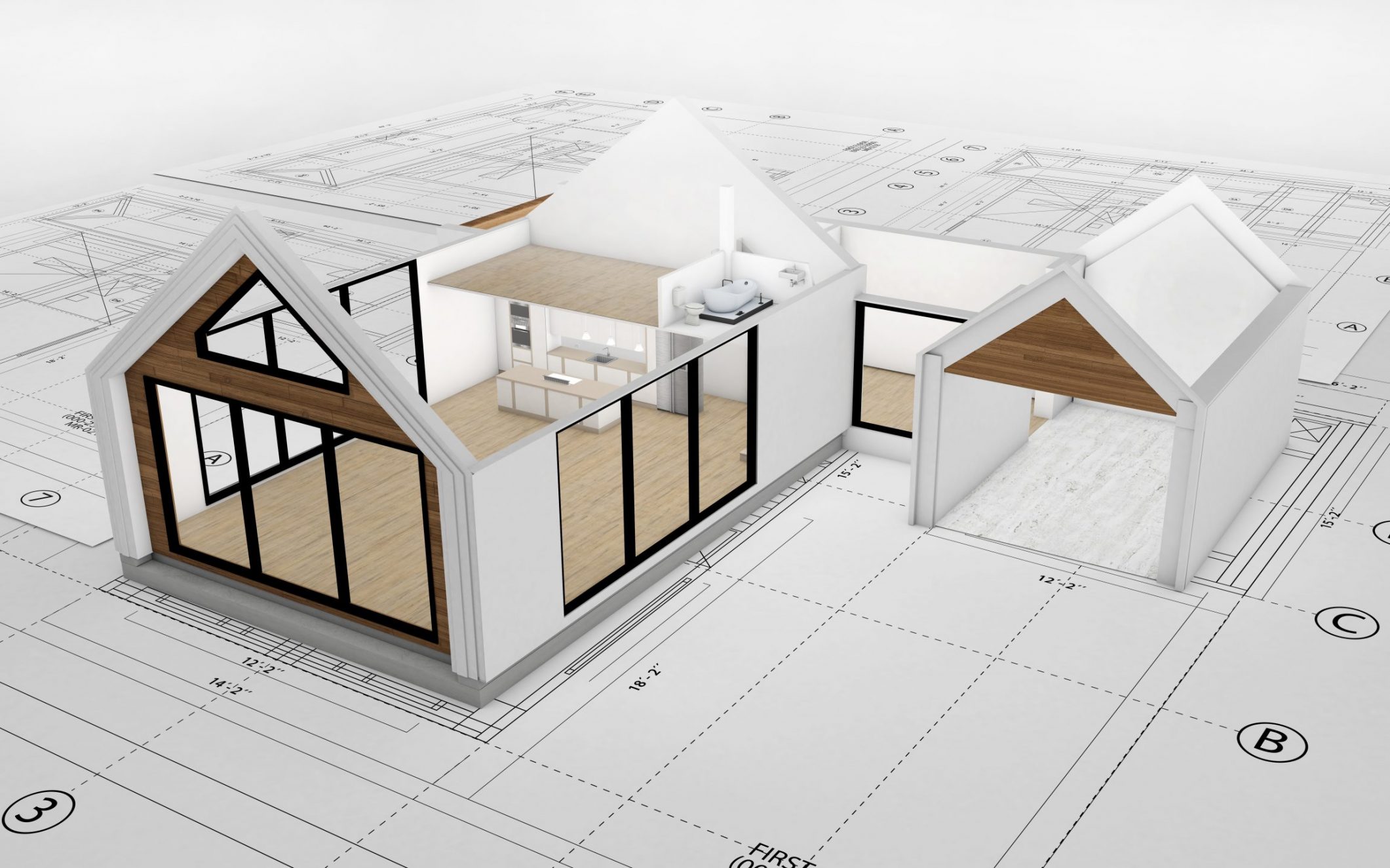 Blueprints with a 3D render of a beautiful two story house on top - architecture concepts